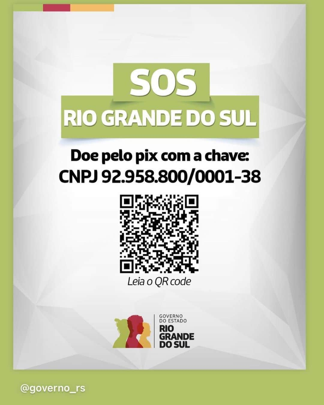 ルーカス・レイヴァのインスタグラム：「🚨 SOS RIO GRANDE DO SUL! Você pode ajudar a população atingida pelas enchentes fazendo uma doação pelo pix. A chave é o CNPJ 92.958.800/0001-38. O valor vai para a conta SOS Rio Grande do Sul.」