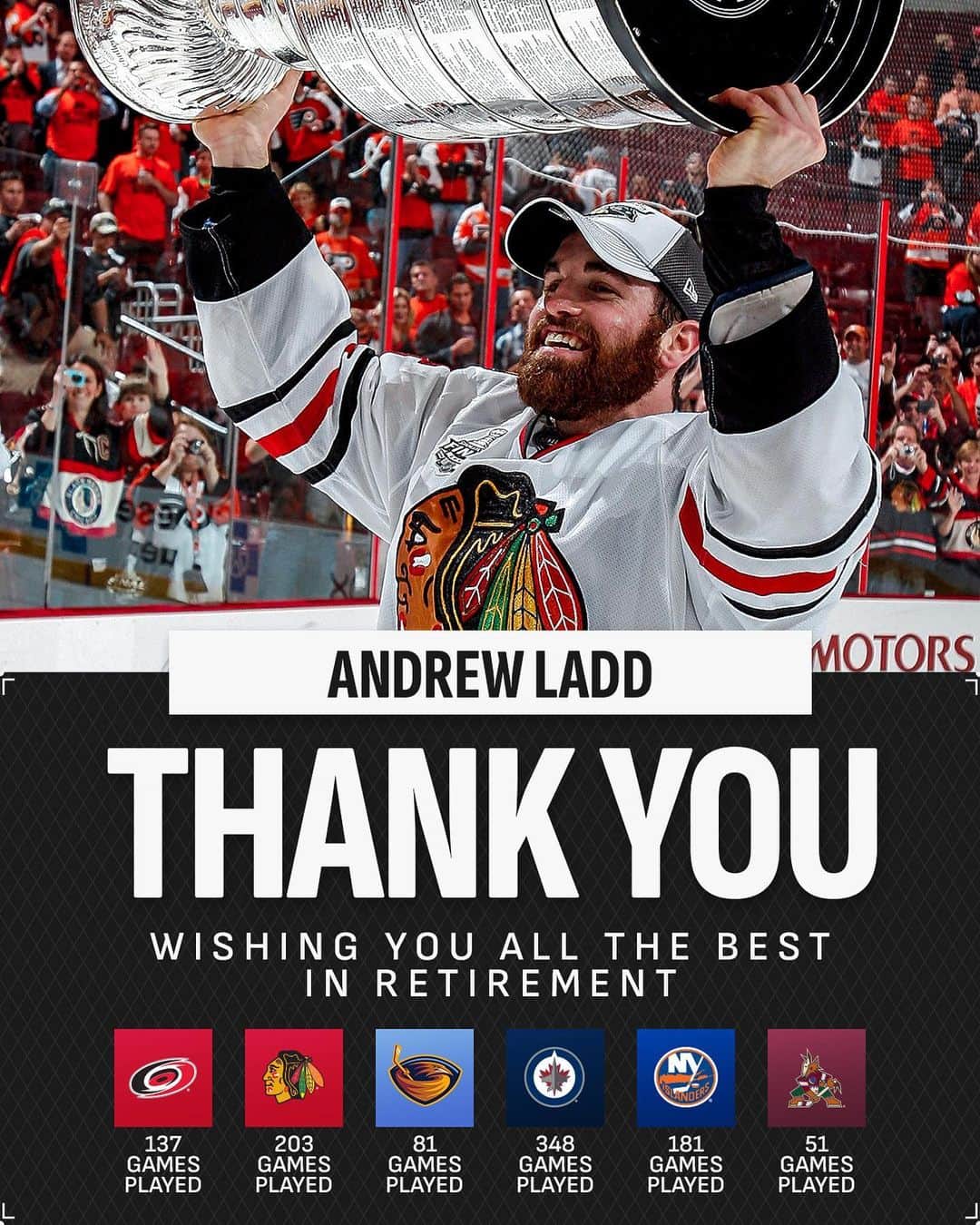 NHLさんのインスタグラム写真 - (NHLInstagram)「After 1,001 games and two #StanleyCup championships, Andrew Ladd (@aladd16) has announced his retirement. 🏆🏆  Best of luck, Andrew!」9月11日 4時04分 - nhl