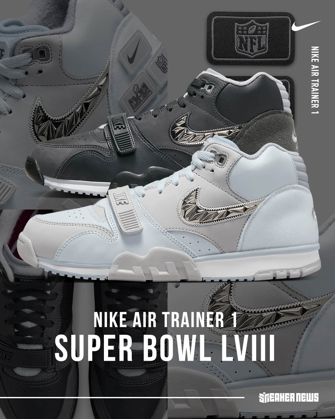 Sneaker Newsさんのインスタグラム写真 - (Sneaker NewsInstagram)「Make your Super Bowl LVIII predictions!⁠ Nike is dropping a set of Air Trainer 1s to commemorate the big game. Tap the link in our bio for closer look at both.」9月11日 5時00分 - sneakernews
