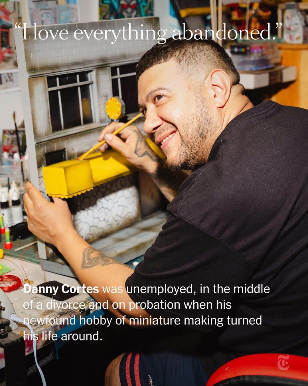 ニューヨーク・タイムズさんのインスタグラム写真 - (ニューヨーク・タイムズInstagram)「Danny Cortes was at a low — unemployed, in the middle of a divorce and on parole — when Covid hit. Isolated, he found himself scrolling through Instagram, where he was drawn to the remarkably robust community of miniature makers. A longtime collector of action figures with time on his hands and not much else to do, he started tinkering. Using poster board from a 99-cent store, he built what was familiar, an urban fixture that most New Yorkers walk past without a glance: a bodega icebox. And that tiny icebox — three inches tall and covered in reproductions of stickers by local graffiti crews — turned his life around.  “I loved that when I worked on a piece, I didn’t think about my problems — my divorce, the pandemic,” Cortes said. “It was an escape — like I’m meditating, literally floating. I didn’t have a problem in the world. I wanted that high again, I kept chasing that.”  From that one model, a kind of career unfolded, and in less than three years, Cortes has emerged as a sought-after artist, his miniatures collected by hip-hop stars and professional athletes. And the icebox, which has become his signature piece as his work evolved into more elaborate urban scenes, sold at Sotheby’s in 2022 for $1,890.  Tap the link in our bio to read more about how a craft hobby to stay sane during lockdown blew up on social media, and in auction houses,  and turned into a career. Photos by @apisukh」9月11日 5時10分 - nytimes