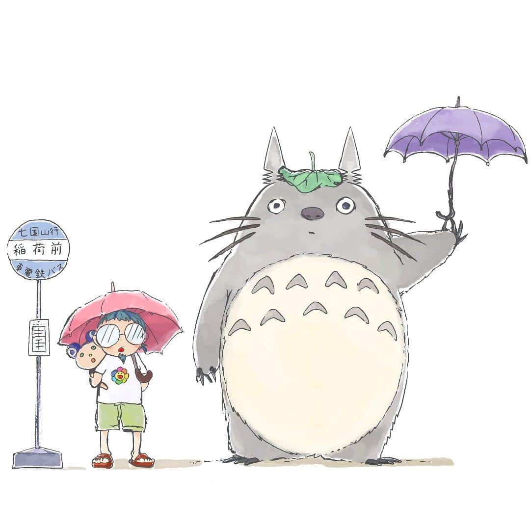 村上隆のインスタグラム：「No.2 I saw "The Boy and the Heron” for the second time, first thing in the morning on July 17. Like the priests who read the messages that emerge on the summer and winter solstices on the monolith in the Holy City of Shuwa in the manga version of Nausicaä, I am fired up trying to read into Hayao-san's first message after 10 years, ruminating on it over and over. I am trying hard to decipher the meaning of the message using my low-level brain, one cut at a time, since it’s only delivered once every 10 years.   What follows is the view of such an ardent Hayao believer with all my delusions. It is an unenlightened opinion, so if you don't like it, don't read it. (I am greatly disliked in Japan, so know that this is the view of such a person.) ※※※※※※※※※※※※※※※※※※※※   Watching the opening scene, from the close up on the air raid siren speaker to the scene of Mahito and Natsuko bowing deeply to the parade of new recruits leaving for war, I realized that it was connected to a profound part of my own Hayao experience. It was similar to the unsettling feeling I had when I saw "My Neighbor Totoro" for the first time in the theater when I was 26 years old. In the history of Japanese animation, Totoro was the first work to depict a self-portrait of the Japanese people in the period immediately following the war. At that time the film was made, science fiction and fantasy were having their heyday, and the prominent originality of “Totoro” had the power to distort the state of Japanese animation thereafter. The new film was reminiscent of that zany feeling of “Totoro” that insisted that anime deserved to make a leap from being children’s entertainment into the middle of culture. I realized that “The Boy and the Heron” is a more in-depth theory of the Japanese, that it insists itself to be mainstream art. Let me set up a table of contents and talk about one topic at a time.  by the way,Totoro illustration made by me. 😅」