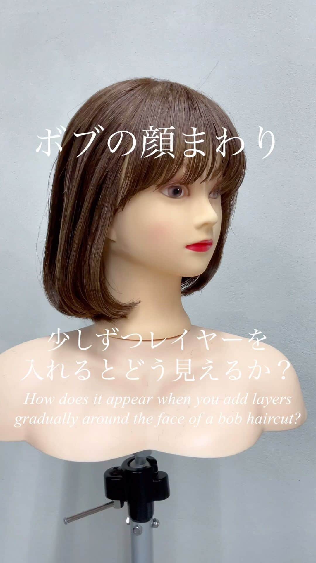 鶴谷和俊のインスタグラム：「ボブの顔まわりに少しずつレイヤーを入れるとどう見えるか？✂︎  "How does it appear when you add layers gradually around the face of a bob haircut?"  “밥 머리 주변에 조금씩 레이어를 넣으면 어떻게 보이나요?”  “對齊一個波波頭，逐漸加入一些分層，會呈現出怎樣的效果呢？”  “在波波头的脸部周围逐渐添加一些分层，会呈现出什么样的效果呢？”  #カット #ヘアカット #ヘアスタイル #髪型 #ทรงผม #ตัดผม #頭髮款式 #剪頭髮 #hair  #hairstyle #hairstyles #hairstyleideas #hairstylest #hairstyle #hairstylevideo #머리스타일 #머리스타일 #긴머리레이어드컷  #긴머리레이어드펌  #레이어드컷  #레이어드펌  #c컬  #여자머리  #여신머리  #하움 #허그컷  #허그펌」