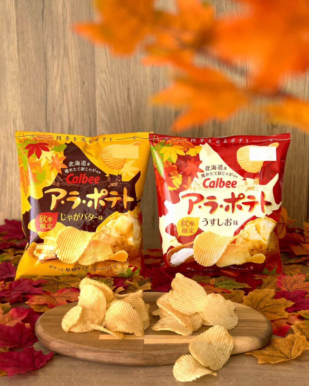 カルビーのインスタグラム：「『ア・ラ・ポテト うすしお味／じゃがバター味』 今年の秋に収穫された北海道産の新じゃがだけを使った秋限定の発売です！ 旬のじゃがいものおいしさが活きる、ザクッと厚切りのポテトチップス。 🥔「うすしお味」(写真右)はしお味をほどよく効かせたまろやかな味わい。穫れたてのじゃがいもの風味をしっかり味わえます♪ 🥔「じゃがバター味」(写真左)は北海道製造100％のバターを使用し、バターのコクと風味でじゃがいものおいしさがひきたちます！ ＊全国のお店で期間限定販売中です！ @morishitaroimo #カルビー公式アラポテト大使  #calbee #カルビー #アラポテト #四季を巡るポテト  #うすしお味 #じゃがバター味 #バター #北海道製造バター  #北海道 #新じゃが  #potato #穫れたて #大収穫祭  #厚切り #厚切りポテトチップス  #ポテトチップス #秋 #秋限定 #季節限定  #おやつ #おつまみ  #クラフトビール #ビール #1989年 #since1989  #hokkaido #ポテト  #じゃがいも」