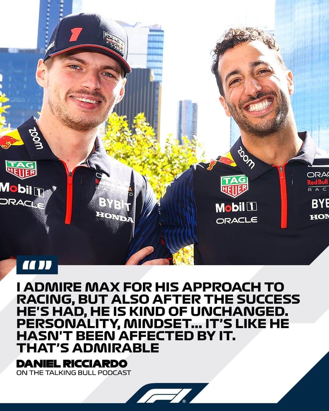 F1のインスタグラム：「The Maxiel bromance still going strong 🥰  @danielricciardo is full of praise for his old team mate and buddy @maxverstappen1  #F1 #Formula1 #RedBull @redbullracing」