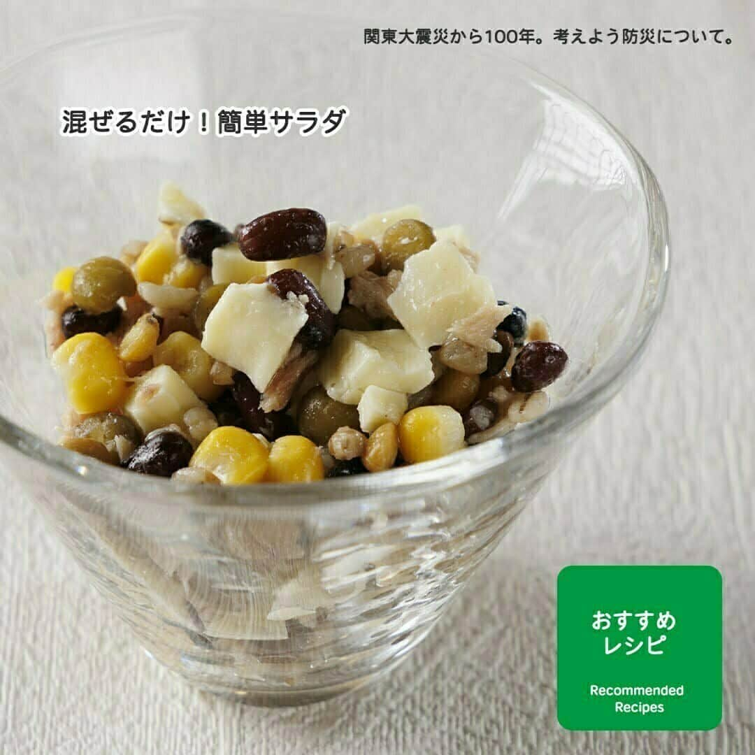 雪印メグミルクのインスタグラム：「関東大震災から100年。 普段から食べ慣れている食材を少し多めに備蓄を意識する、ローリングストックが大切です😊  長期保存可能な食品、ツナ缶とレトルトパックのミックスビーンズを使った 「混ぜるだけ！簡単サラダ」レシピをご紹介🍴 #6Pチーズ #非常食 #関東大震災 #雪印メグミルク」