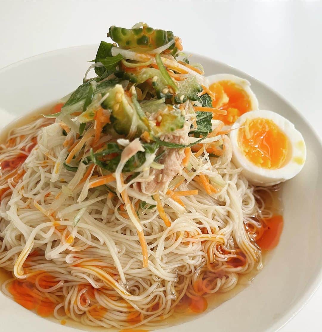 浅田信一のインスタグラム：「ゴーヤと香味野菜のぶっかけ稲庭素麺（自作）」