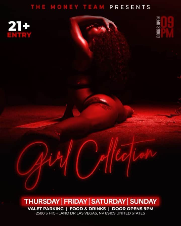 フロイド・メイウェザー・ジュニアのインスタグラム：「GIRL COLLECTION IS THE PLACE TO BE IN VEGAS ALL WEEKEND LONG  DOOR OPENS @ 9:00pm   •THURSDAY •FRIDAY •SATURDAY •SUNDAY  Must be 21 To Enter.  Ladies are welcome with or without male companion.  Come party at the best most luxurious venue in Las Vegas “Girl Collection”  GIRL COLLECTION 2580 S Highland Dr Las Vegas, NV 89109 1 -(844) 447-5758  #GirlCollection  @girl.collection_lv」
