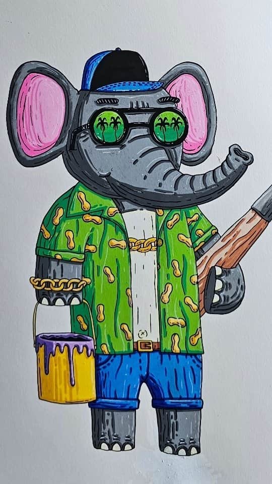MULGAのインスタグラム：「I've been working on a series of artist animal artworks and this one is Ethan he Elephant 🖌️🐘🖌️⁣ ⁣ The story of Ethan the Elephant⁣ ⁣ Once there was an elephant called Ethan and he was an artist elephant. A few years ago he was working at a car wash as the finance manager but always had the dream of being a rad artist elephant dude. ⁣ ⁣ He got his career underway when he starting painting on the cars when they came into get washed. He did some sweet designs but the owners of the cars didn't appreciate it and he was promptly made jobless.⁣ ⁣ He took the opportunity to begin his art career and started painting on people's cars who wanted it. A lot of his first customers where businesses and in fact his first customer was Edgar's Electricity Services followed by Tony's Taco truck. ⁣ ⁣ After painting Tonys Taco Truck he became the go to guy for painting on food trucks and built a lovely career as an artist. ⁣ ⁣ The End⁣ ⁣ #mulgatheartist #ethantheelephantwasaprettygoodelephantartist #elephantart #elephant」