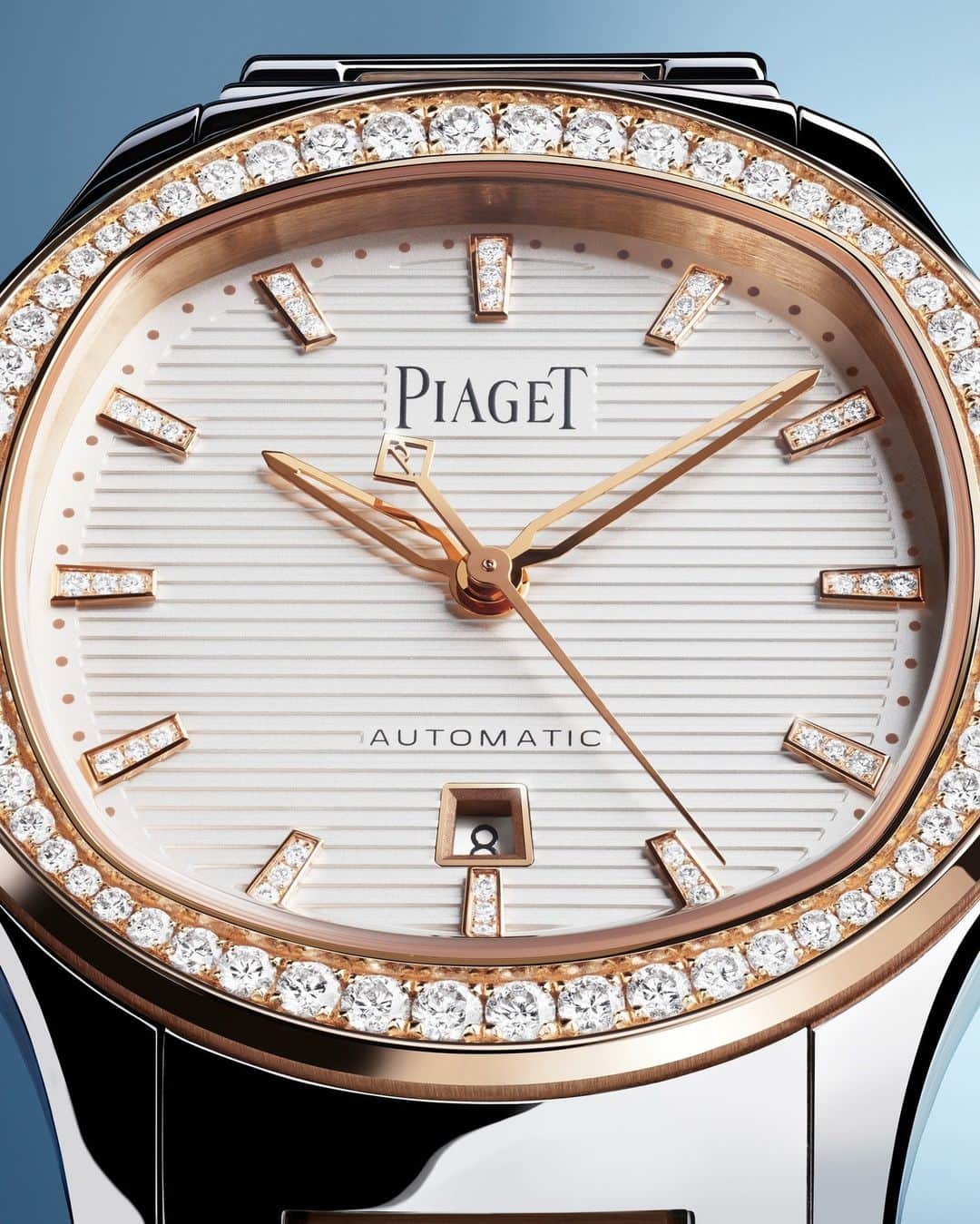 ピアジェのインスタグラム：「In rose gold, steel, and an elegant gold and steel duo-tone, Piaget Polo Date blurs the lines between subtle and audacious, between casual and exceptional, between day and night.  #Piaget #PiagetSociety #PiagetPolo #InstinctofDistinction」