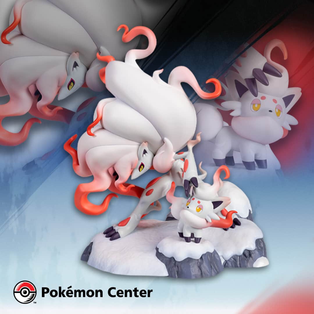 のインスタグラム：「Hisuian Zorua & Hisuian Zoroark come to life standing atop snow-covered rocks as a highly collectible figure made by Kotobukiya ⛰️  From their heads to their feet, both Pokémon are depicted in stunning detail reminiscent of the Pokémon Legends: Arceus video game.  Available now from Pokémon Center, link in bio.」