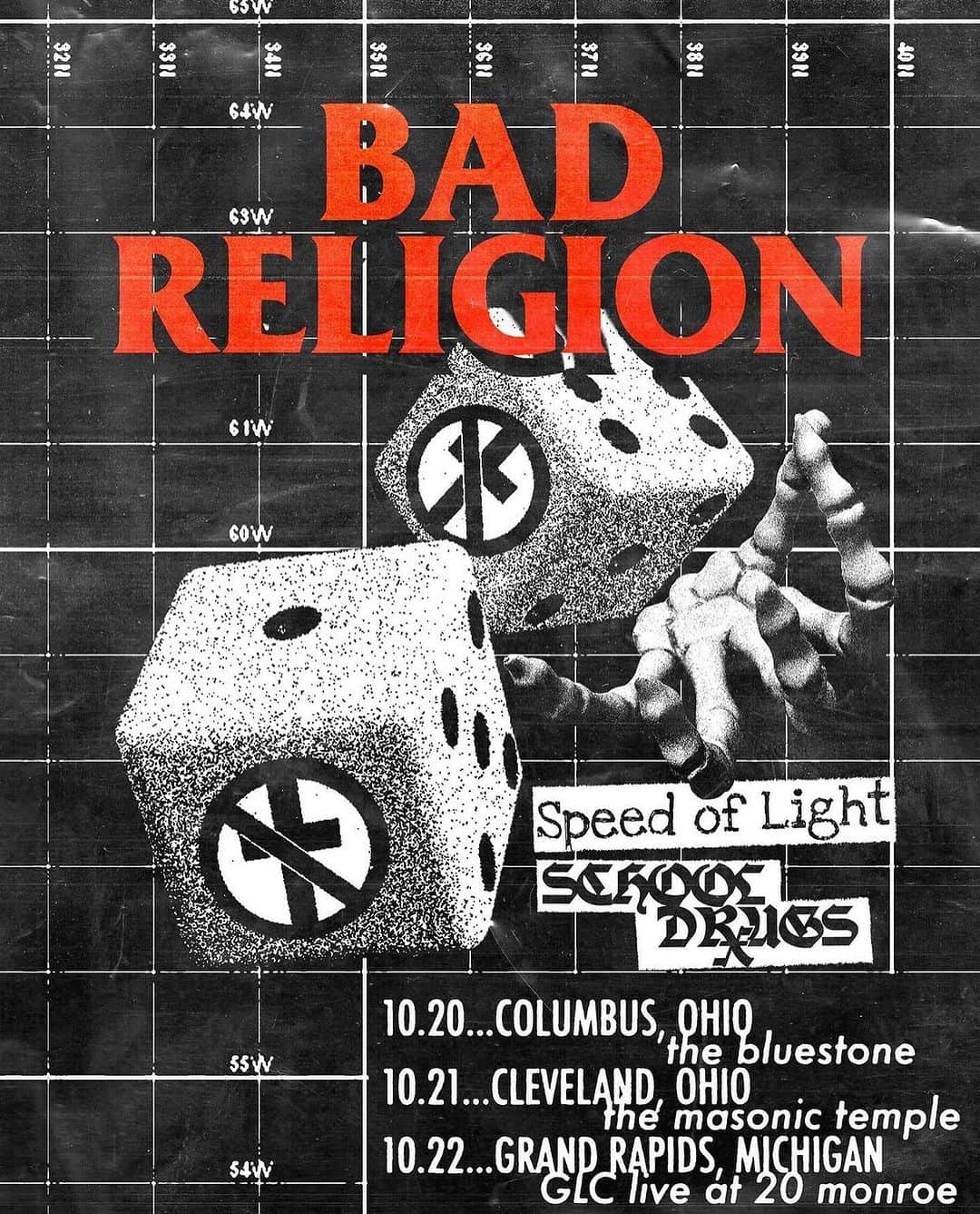 Bad Religionのインスタグラム：「@schooldrugsnj are going to come join us dancing! 📚💊 Tickets available at badreligion.com  poster design @joshjurk」