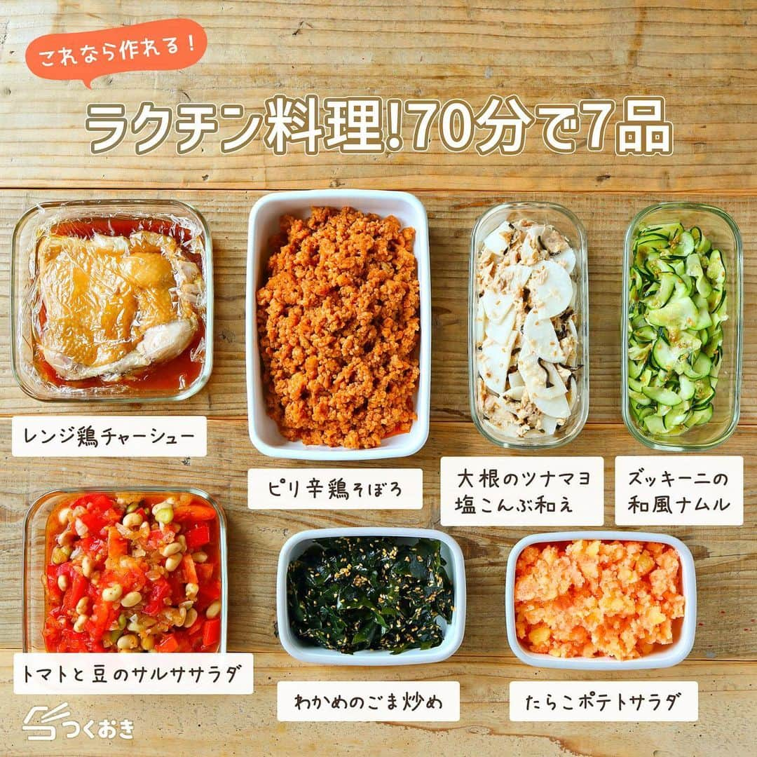 つくおきのインスタグラム：「調理時間70分、食材費2,080円でおかず7品をまとめて作り置き🥢  ズボラさんにもピッタリ！全品手間なく簡単！フライパンで作るおかずは2品におさえて、残りの5品は鍋すら使わず、レンジや和えるだけで作れます✌  各おかずの作り方や日持ちなど詳しくは、お手数ですがつくおきのサイトをご覧ください👀 プロフィール（👉🏻 @tsukuoki）にあるURL、もしくはストーリーからご覧になれます📱 サイトでは、効率よく作るためのポイントなども紹介しています📝  ※大人2人、子ども2人分。1週間を乗り切るには足りないので、平日に簡単おかずやみそ汁など作ったり、試作や新作を作ったりしています。  ハイライトでは、過去に紹介したレシピをご覧になれます💡  【レシピサイト つくおき】 https://cookien.com  作り置きおかずや、簡単に作れるレシピを日々更新しています😉 節約したい方、時短したい方、料理が好きな方も苦手な方も楽しんで作れるようなおかずを紹介しています🍚 最新レシピ本「家族のつくおき」も好評発売中です📖  #つくおきレシピ #簡単レシピ #ズボラ飯 #お弁当おかず #つくおき #作り置き #こどもごはん #おうちごはん #時短レシピ #節約レシピ」