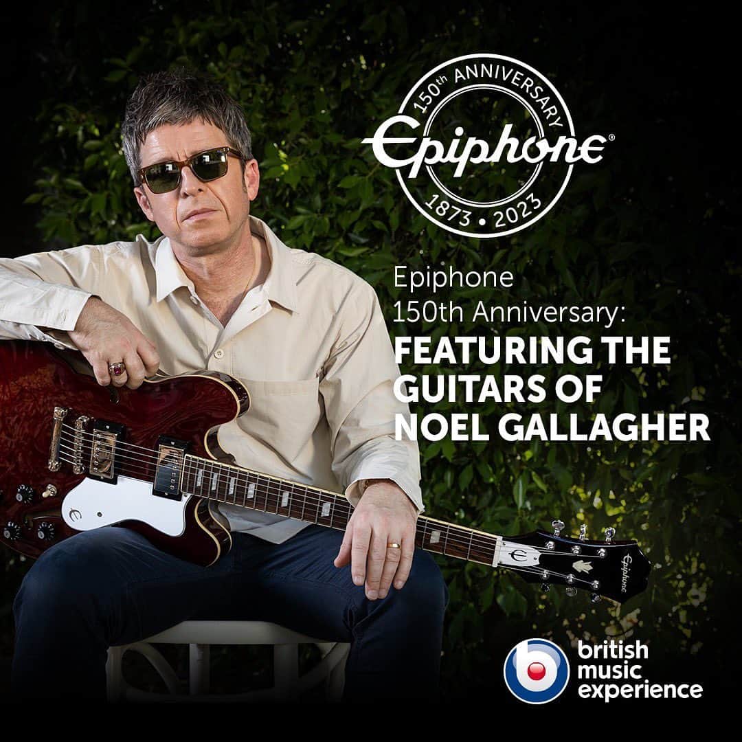 のインスタグラム：「We are proud to announce a brand-new exhibition coming soon to the @britishmusicexperience in Liverpool.  ‘Epiphone 150th Anniversary: Featuring the Guitars of Noel Gallagher’ will chart the history of the iconic Epiphone brand through the guitars of one of its most loyal artists, Noel Gallagher. The exhibition will run from 27 September 2023 to 14 January 2024, and will feature several guitars from Noel’s own private collection.   Follow @EpiphoneUK and the @britishmusicexperience to find out how you can attend the exhibition launch event, taking place later this month.   #Epiphone #ForEveryStage #Epiphone150 #NoelGallagher」
