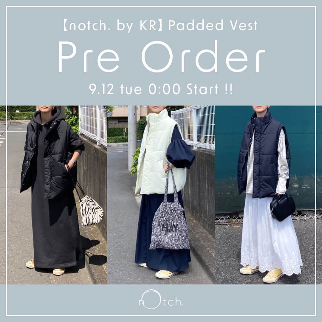 のインスタグラム：「【 notch. by KR 】パデッドベスト 2023/09/12 (tue) 00:00  ZOZOTOWN  pre order start !  price: ¥6,996（税込） color:オフホワイト、ネイビー、ブラック お届け日:10月上旬予定  人気インフルエンサー @k664r さんとのコラボ企画第一弾‼️  KRさんとnotch.のコラボで生まれたボリューミーなパデッドベスト。 今シーズンらしいレイヤードスタイルを楽しめるうえに幅広いコーデと相性が良いので秋冬重宝する1枚になること間違いなし！」