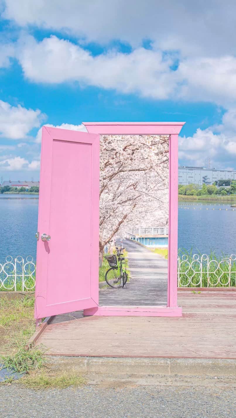 Shotaのインスタグラム：「埼玉県にあるどこでもドア The "Door to Anywhere" in Saitama Prefecture  どの世界に入りたいですか？ Which world would you like to enter?  埼玉県　久喜菖蒲公園にあるどこでもドアを撮って、そこから編集しどこでもドアを再現してみました。 I took a picture of the Anywhere Door in Kuki Shobu Park, Saitama Prefecture, and edited it to recreate the Door to Anywhere.  #japan #どこでもドア #ドラえもん #doraemon」