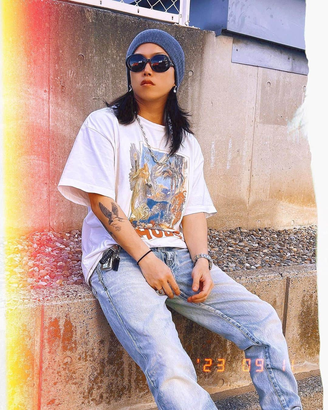 $oichiroのインスタグラム：「natsunoowari🌅  #coodinate #fashion #ootd #louisvuitton #saintlaurentparis #rhude #pinkyshake #hermes #saintlaurentsurf #denim #sk8 #instafashion #kurtcobain #🎸」