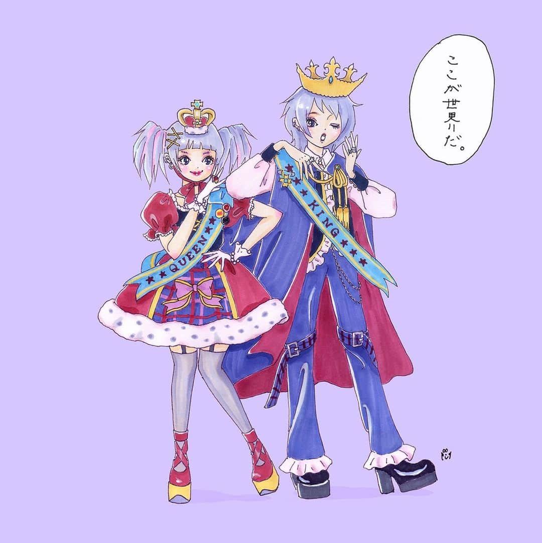 大石蘭のインスタグラム：「👑  𝓠𝓤𝓔𝓔𝓝 𝓪𝓷𝓭 𝓚𝓘𝓝𝓖                    .  最近ハマっているドレスコーズ @ryohei_shima_thedresscodes の 「コミック・ジェネレイション」を聴きながら💿     そうだ そうだ 今夜僕らはこの世界の 誰よりもふまじめなキング そして…わがままなクイーン！            . #音楽と蘭 #loliita #illustration #drawing #artwork  #fancy #fashionillustration  #character #kawaii  #oldschoollolita #lolitagirl  #eglcommunity #harajukufashion #girlyfashion #girlsillustration  #comic #sweetlolita  #ガールズイラスト #ファッションイラスト #平成ファッション #ロリータファッション #ロリータ #ロリィタ #ロリィタファッション」