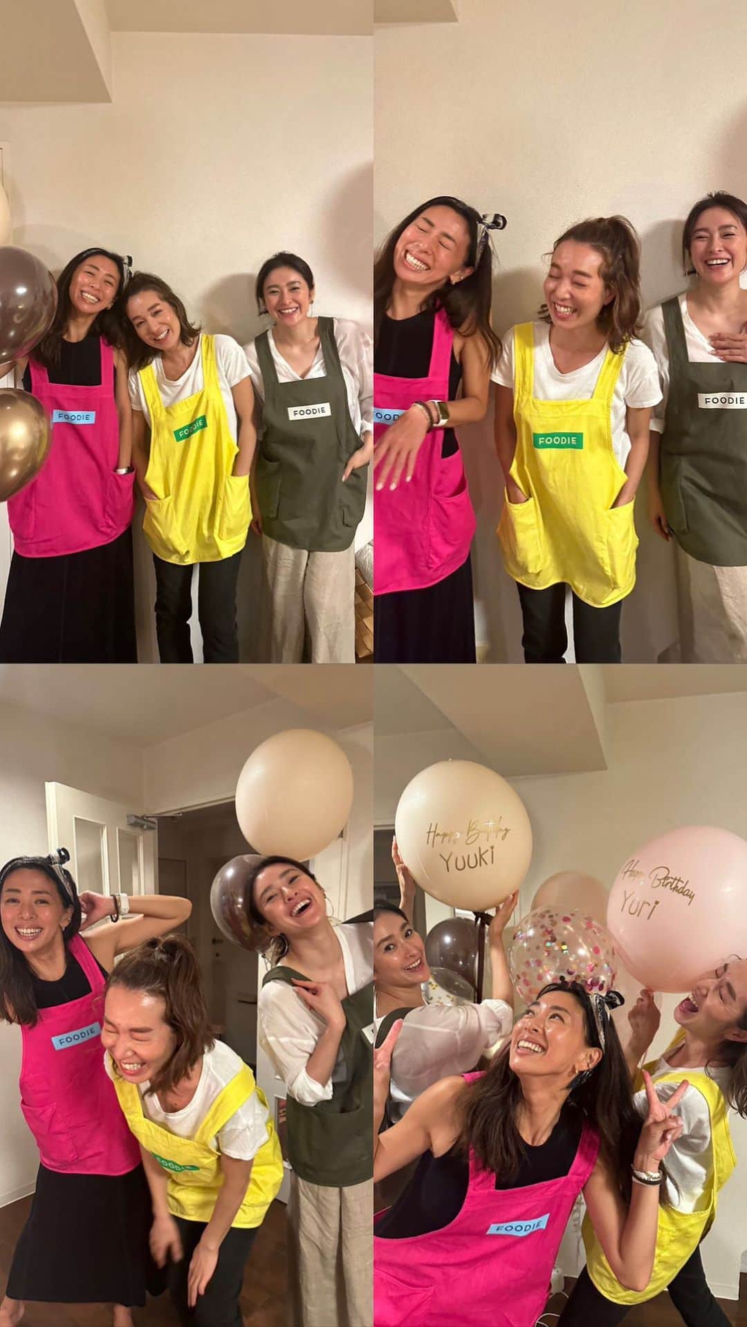 野沢和香のインスタグラム：「HappyホムパBirthday @yuri_arai の家🏠✨ 何ごとにも愛で溢れている全力の仕込みのホムパ🙌🍚 どれもこれも天才メニュー✨🥹 ここ最近で一番楽しそうなユリさんの顔と🤣 変わらず人生をenjoyしているユータ　@ayuuki0908 の子供みたいな笑顔を見れて最高にHappyな夜でした✨  @landhaus.official のエプロンして気にせず料理したり、飲んだりグータラしたり🤣リラックスできるホムパって最高🫶  ありがとーう💕」