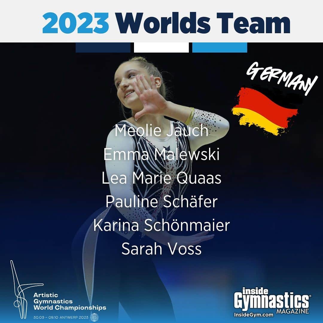 Inside Gymnasticsさんのインスタグラム写真 - (Inside GymnasticsInstagram)「Your 2023 German Worlds Team! 🇩🇪 ⭐️Meolie Jauch ⭐️Emma Malewski ⭐️Lea Marie Quaas ⭐️Pauline Schäfer ⭐️Karina Schönmaier ⭐️Sarah Voss   The alternate is TBD!」9月11日 22時33分 - insidegym