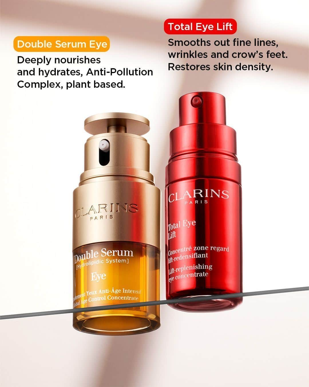 Clarins Middle Eastのインスタグラム：「أي كريم للعين من كلارنس رح تختاري اليوم؟ اختاري دبل سيرم لتأثير قوي مضاد للتقدم في العمر، واختاري توتال آي ليفت لتأثير رفع🧡❤️⁣ ⁣ متوفر في بوتيكات كلارنس ومتاجرنا الالكترونية (الروابط في البايو)⁣⁣⁣⁣⁣⁣⁣⁣⁣⁣⁣⁣⁣⁣⁣⁣⁣⁣⁣⁣⁣⁣⁣⁣⁣⁣ ⁣ Which Clarins eye cream would you pick today?⁣ Choose Double Serum Eye for an intensive anti-aging effect and Total Eye for a lifting effect🧡❤️⁣ ⁣ ⁣Available at Clarins boutiques and on our e-stores (links in bio)⁣⁣⁣⁣⁣⁣⁣⁣⁣⁣⁣⁣⁣⁣⁣⁣⁣⁣⁣⁣⁣⁣⁣⁣ ⁣ #Clarins #ClarinsME #DoubleSerum #TotalEyeLift #ClarinsSkincare #Skincare  #كلارنس #العناية_بالنفس」