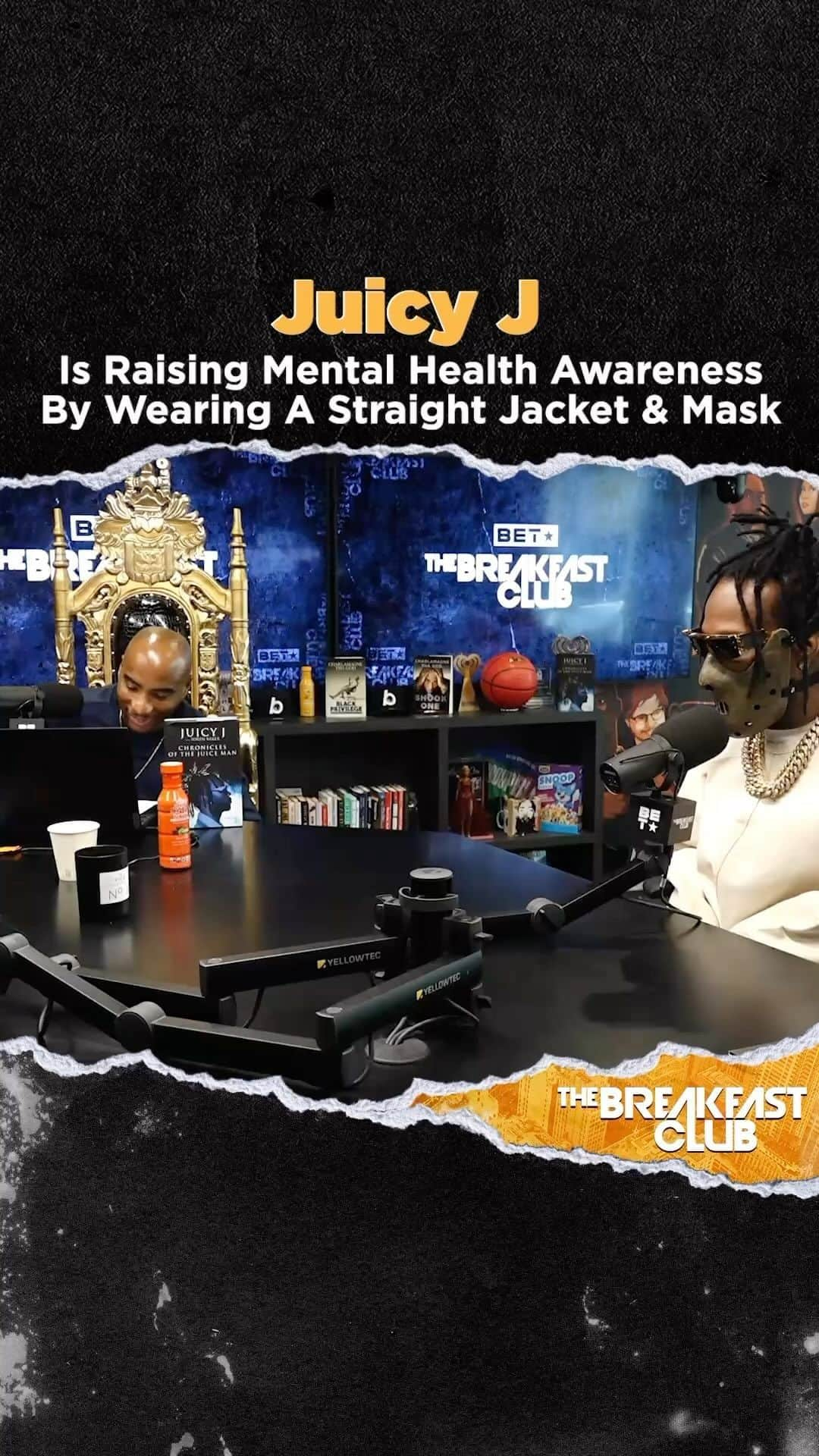 ジューシー・Jのインスタグラム：「🚨 @juicyj’s mask and straight jacket isn’t a fashion statement yall 👀 ! He is taking a stance on raising the awareness on #MentalHealth! Listen in 📶 . Follow @breakfastclubam 🔊」