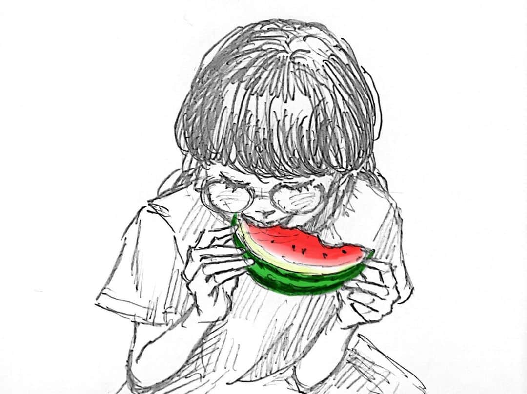 世紀末のインスタグラム：「🍉  夏の終わりに夏を食べた。  #illustration  #Illust  #世紀末絵  #スイカ  #落書き  #鉛筆画」