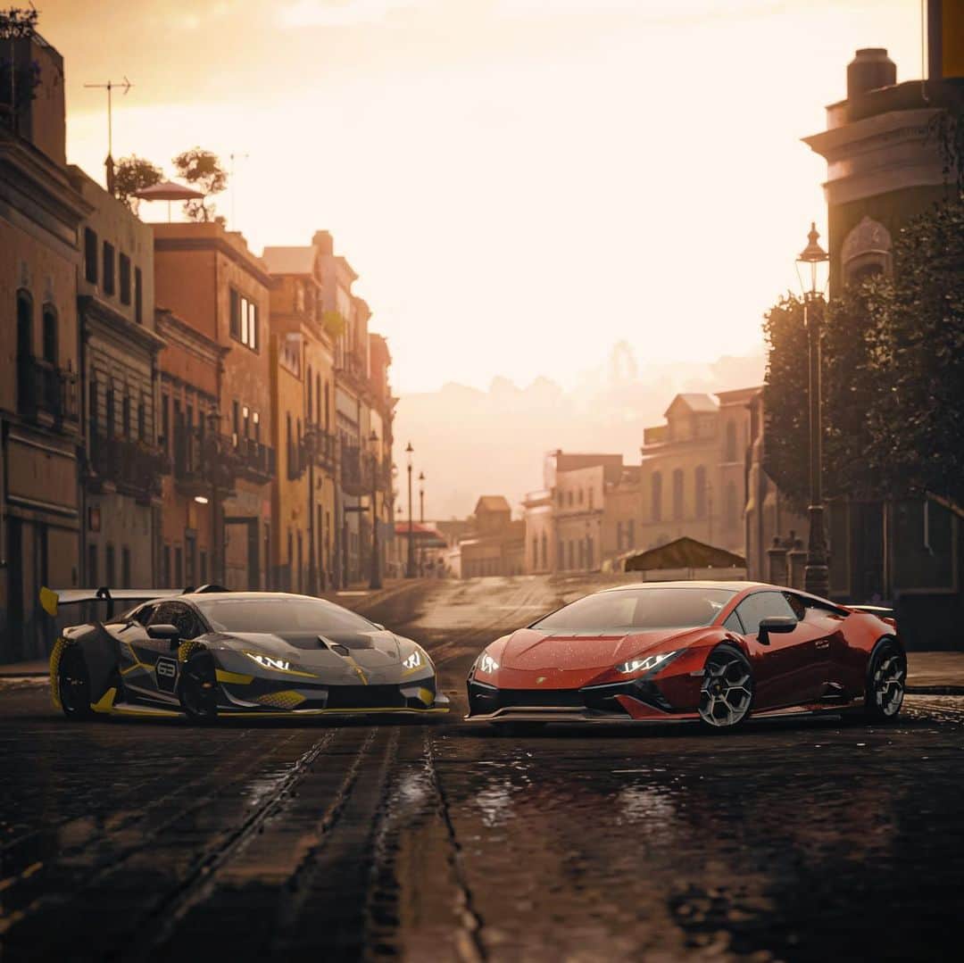 ランボルギーニのインスタグラム：「As promised, we've delivered! Huge congratulations to @forza.talk and @geovaniiphotographer, whose incredible shots of the Huracán Tecnica and Huracán Super Trofeo EVO have masterfully captured the essence of Lamborghini, even in the virtual world on @forzahorizonofficial.    Join #GameReality by taking a screenshot of a Lamborghini from Forza Horizon and sharing it on Instagram. And don’t forget to tag us.    #Lamborghini #LamborghiniFH5  __ Huracán Tecnica: fuel consumption combined: 14,5 l/100km (WLTP); CO2-emissions combined: 328 g/km (WLTP)」