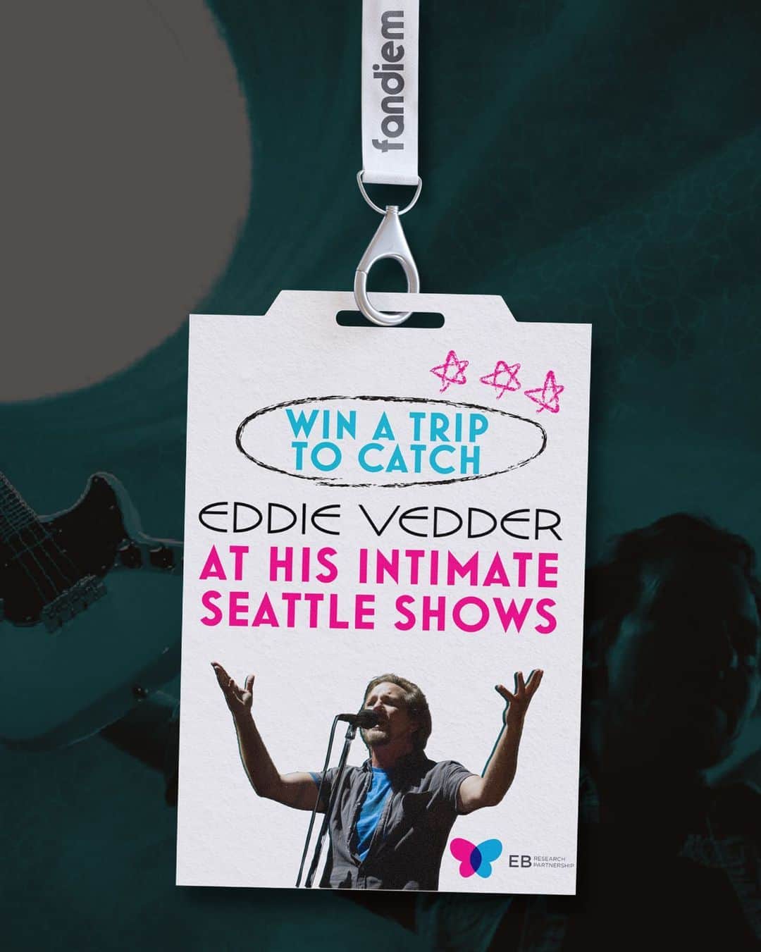 のインスタグラム：「Win a trip to see Eddie Vedder perform TWO intimate shows in Seattle!  Donate To Win premium seats on Eddie's personal guest list, access to the post show reception on both nights, round trip travel to Seattle and a 3-night hotel in Pearl Jam's hometown city.  Your donations support the Vitalogy Foundation & the @ebresearch Partnership and help build a faster path to cure epidermolysis bullosa.  Donate To Win at http://fandiem.com/eddievedder or at the link in bio.」