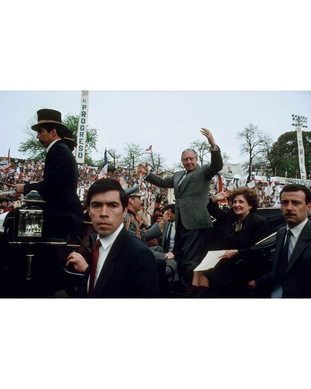 Magnum Photosさんのインスタグラム写真 - (Magnum PhotosInstagram)「This year marks the 50th anniversary of the military overthrow of the democratically-elected Popular Unity government in Chile led by President Salvador Allende on September 11, 1973, and 25 years since the arrest of his usurper General Augusto Pinochet for human rights violations on October 10, 1998.   Magnum photographers covered the growing political situation in the years before the violent overthrow as well as the devastating aftermath of Pinochet's brutal reign.   Raymond @rdepardon traveled to Chile in September 1971 to photograph the first anniversary of the accession to power of Salvador Allende, the first socialist president in South America, who redistributed land to Mapuche farmers in the south of the country.  Pinochet stayed in power for 17 years, a dictatorship that saw more than 3,000 people killed or missing. Their families campaigned for years for justice, and Patrick @pzachmann followed their efforts during several trips to Chile.  PHOTOS (left to right):   (1) President Salvador Allende. Chile. 1971. © Raymond @rdepardon / Magnum Photos   (2) Parral. Chile. 1971. © Raymond @rdepardon / Magnum Photos   (3) Military school celebrating Pinochet’s 10th anniversary of the coup d'état. Santiago. Chile. 1983. © @abbas.photos / Magnum Photos  (4) Riot police stand on leaflets protesting against Pinochet’s regime. Santiago. Chile. 1983. © @abbas.photos / Magnum Photos  (5) Pinochet and his wife Lucia being carried around a stadium in a carriage. Talca. Chile. 1988. © @susanmeiselas / Magnum Photos  (6) The "NO" campaign on TV. Chile. 1988. © @susanmeiselas / Magnum Photos   (7) A rally for the "NO” campaign to vote Pinochet out of office. Santiago. Chile. 1988. © @susanmeiselas / Magnum Photos  (8) The relatives of men arrested by the security police in the Barrio La Victoria. Chile. 1984. © Chris @steeleperkins / Magnum Photos  (9) Family members holding photos of their relatives missing during the Pinochet regime. "Where are they?” Santiago. Chile. 1998. © Patrick @pzachmann / Magnum Photos  (10) The Pinochet regime's notorious torture and interrogation chamber at the "Villa Grimaldi." Santiago. Chile. 1998. © Patrick @pzachmann / Magnum Photos」9月12日 2時01分 - magnumphotos