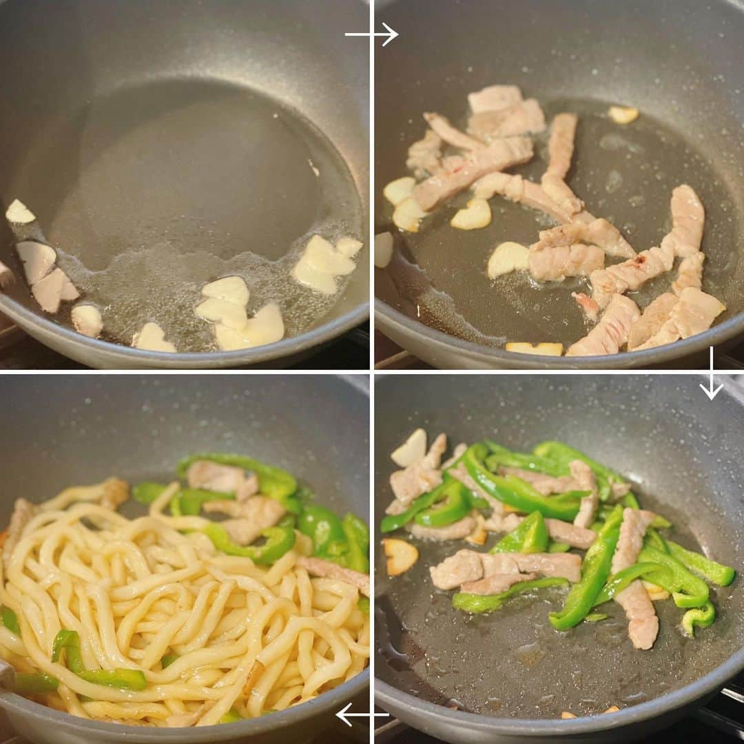 ゆうきさんのインスタグラム写真 - (ゆうきInstagram)「豚肉とピーマンのガーリック焼うどん🧄🫑 香ばししょうゆと、もちもちうどんが最高です👍  ✏︎レシピ⬇︎ 〜豚ピーマンのガーリック焼うどん〜 【材料（2人分）】 ・冷凍うどん……2玉 ・豚スライス肉……120g → 細めに切る ・ピーマン……2個 → 細めに切る ・粗挽き黒胡椒……適量 a. サラダ油……大さじ1杯 a. にんにく……1かけ → 芽を取り除きスライスする b. 鶏がらスープの素……小さじ2/3杯ほど b.しょうゆ……小さじ2杯  【作り方】 1. 冷凍うどんは、表記の時間レンジで温める。  2. 中火で温めたフライパンに（a）を入れて炒め、香りがたったら豚肉を入れて炒める。 豚肉に火が通ったら、ピーマンを加えて炒め合わせる。  3. ピーマンが馴染んできたら、うどんも加えて炒める。焼き色が付いてきたら（b）を入れて炒め合わせ、全体に馴染んだら器に盛り付けて粗挽き黒胡椒をかけて完成。 ・ ・ ・  #おうちごはん#お昼ごはん#昼ご飯#うどん#焼うどん#レシピ#簡単レシピ#おうちカフェ#スタミナ#マカロニメイト#フーディーテーブル #lunch#japanesefood#foodpic」9月12日 12時13分 - yuukitohikari