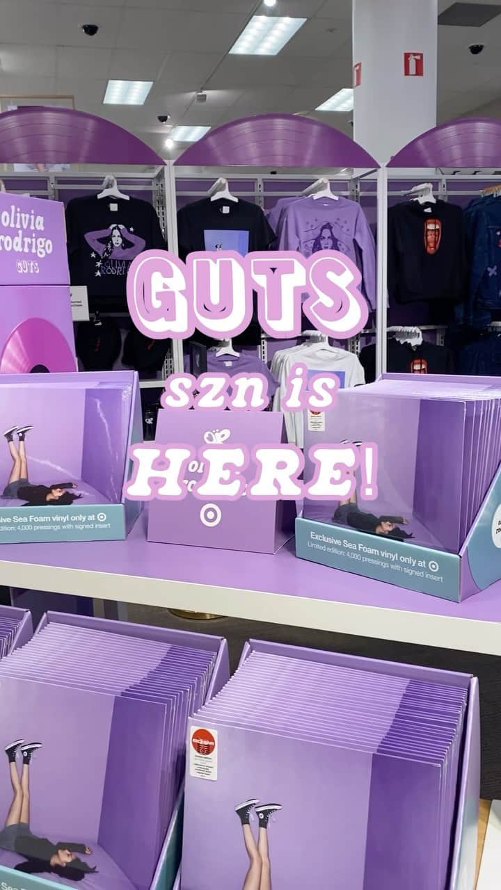 Targetのインスタグラム：「GUTS era activated, Livies! 💜💜💜 Link in bio to shop @OliviaRodrigo’s exclusive GUTS vinyl & merch. Magenta colored vinyl includes alternative artwork and poster! 🦋🧛‍♀️」