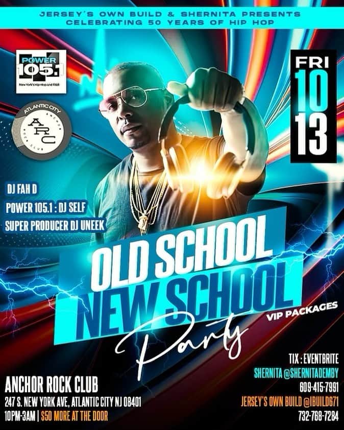 DJ Selfのインスタグラム：「CELEBRATING 50 YEARS OF HIP HOP  "OLD SCHOOL NEW SCHOOL PARTY"  LIBRA & SCORPIO SEASON BIRTHDAY CELEBRATION  At The Anchor Rock Club in Atlantic City  Door Open 10pm  Music By @DJSelf @djuneekbkny @djfahd  For Birthday Packages, VIP Tables, Bottle Service, & Catered food  Contact: @ibuild671  732-768-7284 @shernitademby 609-415-7991  Anchor Rock Club 247 S. New York Ave Atlantic City, NJ 08401  Brought to You By: Jersey's Own Build @ibuild671 Brought to You By: Shernita @shernitademby」
