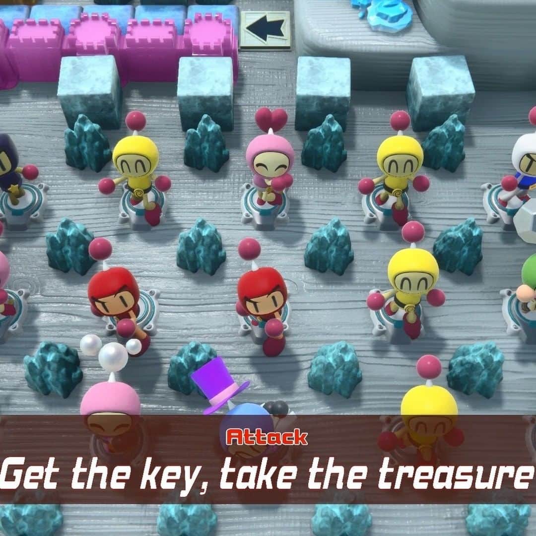 KONAMIのインスタグラム：「The squad rolls deep 😤 Tag your squad mates for the new Castle Mode 👇  Up to 16 players in heated online battles! 🎮  #SuperBombermanR2 #SBR2 out Sept. 12 (Digital launch Sept. 13)」