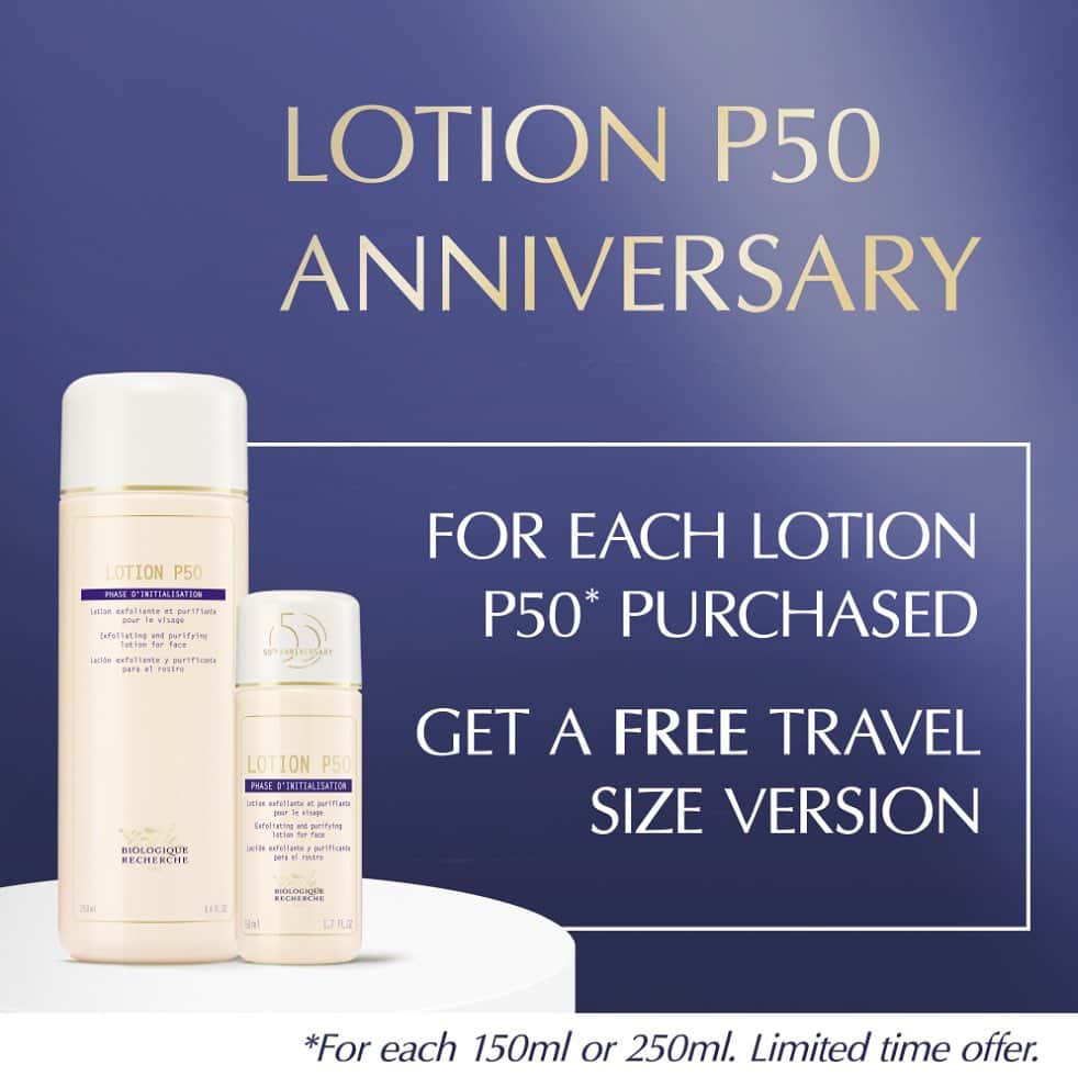 Biologique Recherche USAのインスタグラム：「✨Limited-time Special Offer!✨  Beginning FRIDAY, SEPTEMBER 15TH, purchase 1 full-size Lotion P50 (150ml or 250ml) and receive 1 complimentary* travel-size commemorative “50th Anniversary” version.   *Subject to availability.   Join us as we celebrate 50 years of transforming skin with Lotion P50 🥂  #BiologiqueRecherche #P50specialoffer #50yearsP50 #MyP50 #LotionP50 #facialinabottle #BuildingBetterSkin」