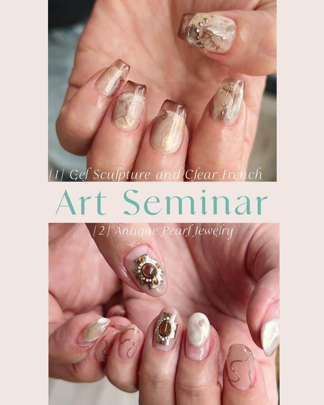 mananailsのインスタグラム：「Art Seminar💅🏼 in DMM本社オフィス 2023.10.23(月) ⑴10:00〜13:00 長さ出し＆クリアフレンチ ⑵14:00〜17:00 アンティークジュエリー  3年半ぶりの対面セミナーです🥹✨✨✨ コロナの影響によりオンラインセミナーや オンラインサロンが始まり オンラインはオンラインで便利だし大好評ですが、、、 やはりリアルセミナーのご要望を たくさんの方から頂いておりました🥹❤️‍🩹  やるなら対面だからこそ実際に見て触っもらって 直接細部やサイズまでしっかりと伝えたい✨✨✨ 今回は質問やリクエストの多いレッスンと 新作ジュエリーを1部2部にまとめました🫡  ⑴長さ出し＆クリアフレンチ 3h ・Manami流ジェルスカ ・綺麗で早いクリアフレンチ ・カラークリアフレンチ  ⑵アンティークパールジュエリー 3h ・大きな石とパールを組み合わせたジュエリー ・細ーいゴールドライン ・リアルなパール  MOONLITではジェルスカ、クリアフレンチ、 ジュエリーアートは季節問わずとても人気✨ プライベートレッスンでもリクエストの多い セミナー内容です💅🏼 素早いジェルスカにはコツがあります❤️‍🔥 ジュエリーアートもどんどん進化しています❤️‍🔥  お申し込みは1ヶ月前の9/22(金)〜✨ お申し込み方法は 開始のタイミングでまたお知らせ致します💖」