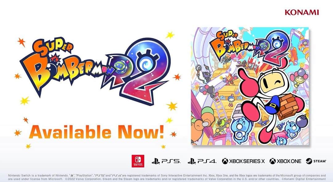 KONAMIのインスタグラム：「💣 Physical copies of #SuperBombermanR2 are AVAILABLE NOW! 💣  Join the Bomberman brothers and stop the evil Black Moon ship from destroying the galaxy! 💥  Then hop into the new multiplayer experience: Castle 🏰  🛡️Defend or attack the castle 💣   #bomberman #SBR2 #konami #videogames」