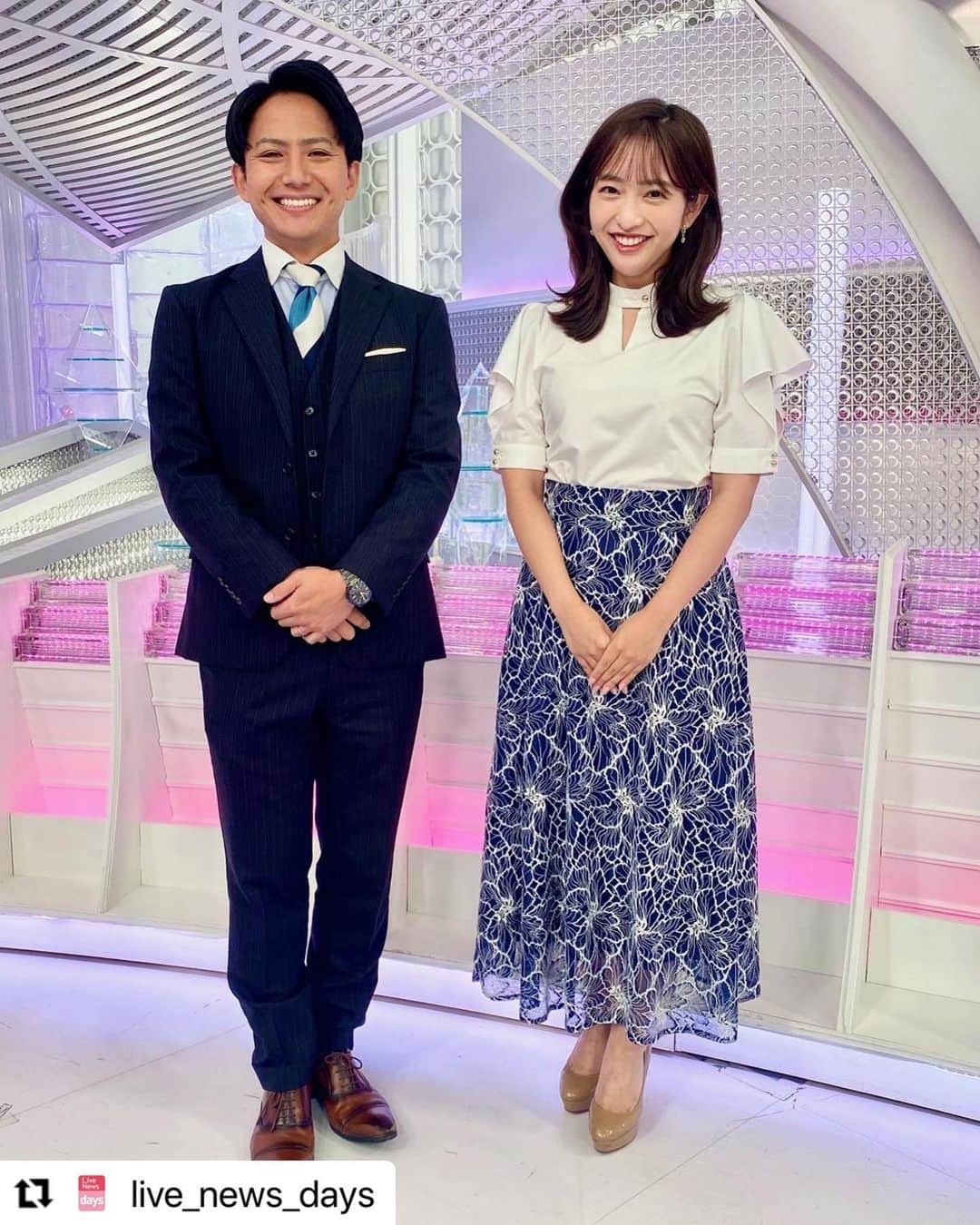 藤本万梨乃のインスタグラム：「* 昨日今日と竹内アナの代行でLive News daysを担当させていただきました☺️ ドキドキでした、、、 頼りすぎた安宅先輩と📸」