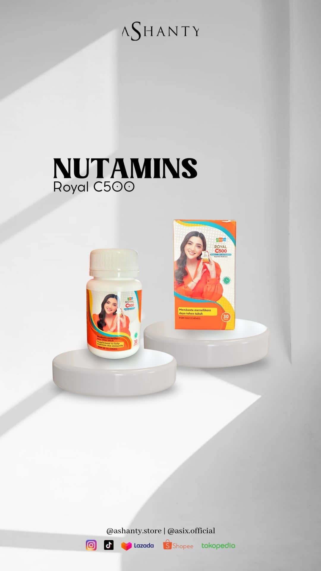ASHANTY BEAUTY CREAM OFFICIALのインスタグラム：「Hi bestie! jangan sampe nyesel belakangan. Jaga kesehatan badan & kulit bukan hanya dari luar yaaa, harus diiringi dengan asupan yang baik salah satunya vitamin! nah nutamins ini cocok banget untuk kalian karna terdapat 3 vitamin dalam 1 pil. jadi gaperlu repot makan banyak! 🥰」