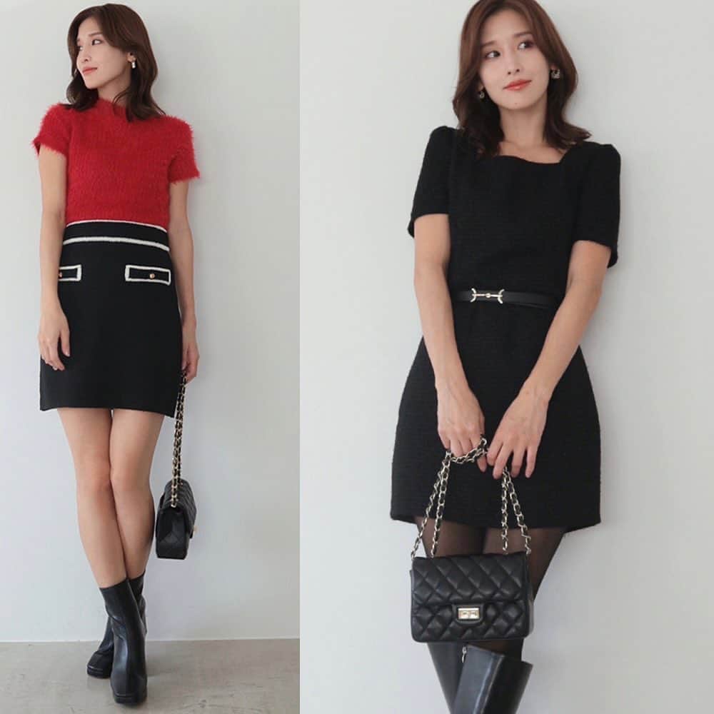 デュラスアンビエントのインスタグラム：「#ツイードスクエアショートスリーブミニワンピース <Ivory, Black> 【9/13(WED)20:00-】  可憐でガーリーなツイードワンピース。  前後にダーツを施したすっきりとしたシルエットは、膝上丈で程よく甘く。  #シャギーショートスリーブニット <White, Ivory, Red, Gray, Black> 【9/13(WED)20:00-】  思わず触りたくなる、愛らしいシャギーニット。  フィット感のある着心地で、毛足の長いシャギーがふんわりとボディラインを包みます。  実りの鮮やかさが冴えるレッドを差し色に迎えた、大人可愛い５色展開。  ＿＿＿＿＿＿＿＿＿＿＿ ✔︎ @ambient_styling #AMBIENT #ambient_official #ambientstyle #アンビエント #23aw #シャギーニット #ワンピース #お呼ばれコーデ #お呼ばれドレス」