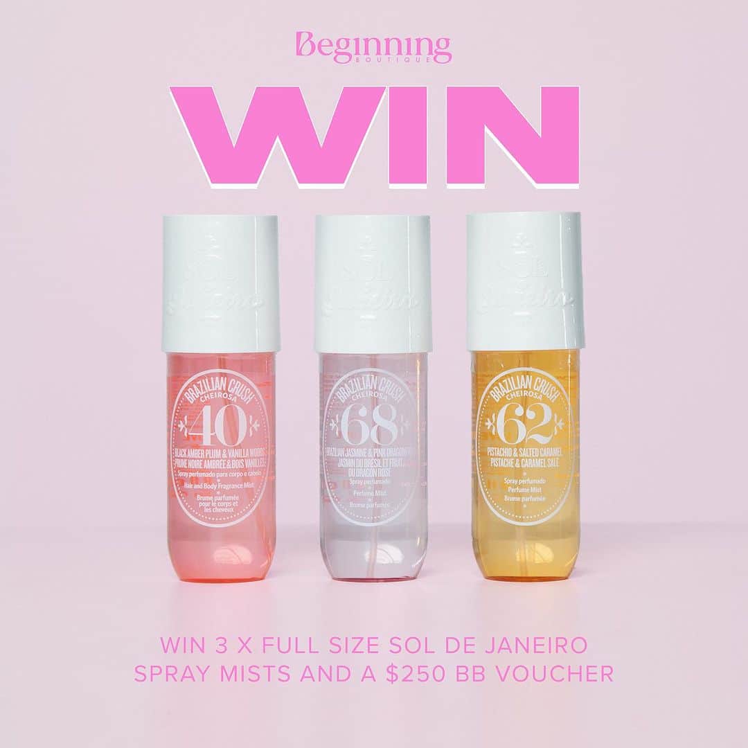 Beginning Boutiqueのインスタグラム：「WIN A SOL DE JANIERO & BB GIFT PACK 🩷✨  We are giving you the chance to WIN 3 x @soldejaneiro Full Size Perfume Mists AND a $250 Beginning Boutique Voucher! 🫶🏼  HOW TO ENTER:  🤍Must be following @beginningboutique  🤍Tag your two besties in the comments  🤍 LIKE this post!  🤍Share to your story for an additional entry!   *T&Cs apply. $250AUD voucher. Open to all. Entries close Sunday 17th September, 11:59pm AEST. Winner will be chosen at random and contacted via Insta DM’s! Winner will only be contacted via this account! All giveaway purchases cannot be exchanged.  This promotion is in no way sponsored, endorsed or administered by, or associated with, Instagram.」