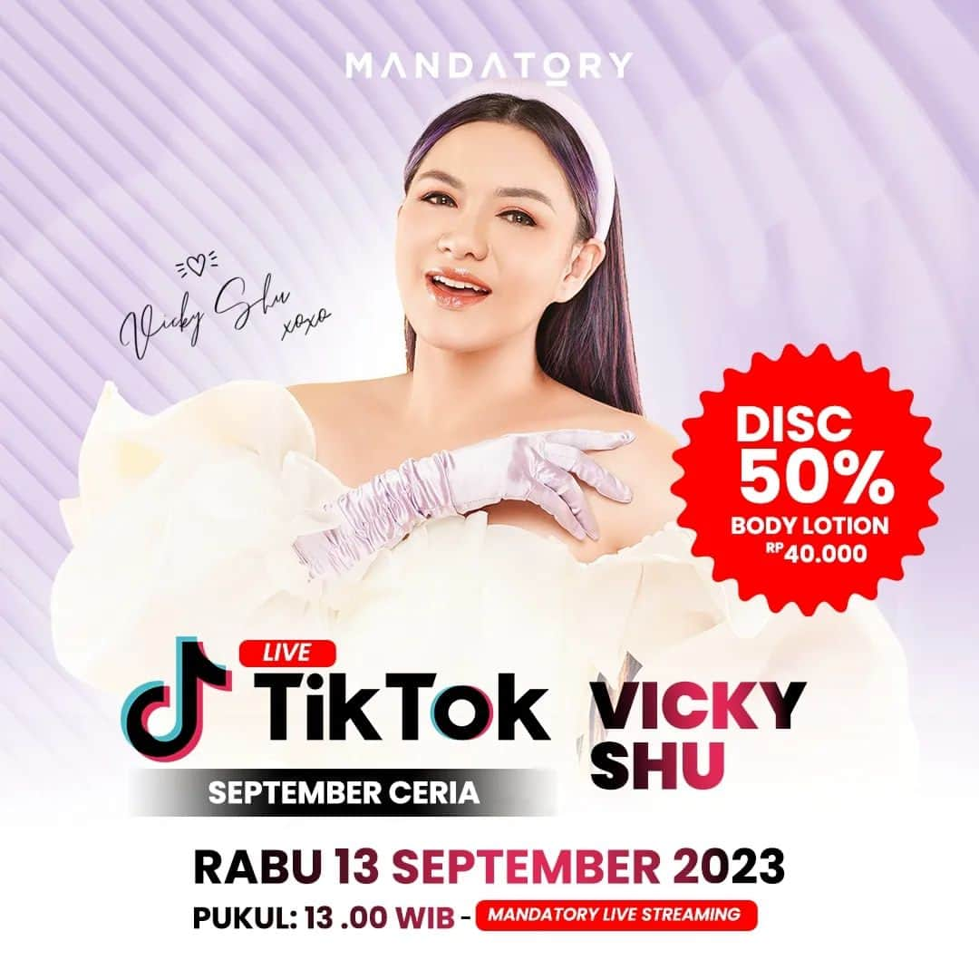 Vicky Shuさんのインスタグラム写真 - (Vicky ShuInstagram)「🥳SURPRISE🥳  Besok Mandatory akan Live TikTok bersama dengan Kak @vickyshu lho. Gak cuma itu, di live besok juga akan ada discount 50% untuk produk body lotion🫣  Kapan lagi kan kamu bisa dapetin body lotion Mandatory seharga Rp 40.000?!🤩  📅 Rabu, 13 September 2023 ⏰ 13.00 WIB - Selesai  Yuk save the date dan pantengin terus akun social media Mandatory biar kamu gak ketinggalan promonya!🥰  #Mandatory #Promo #Discount #BodyLotion #PromoBodyLotion #Sunscreen #SunscreenSpray #RekomendasiSunscreen #PromoSunscreen #Ampoule #RekomendasiAmpoule #PromoAmpule」9月12日 17時06分 - vickyshu