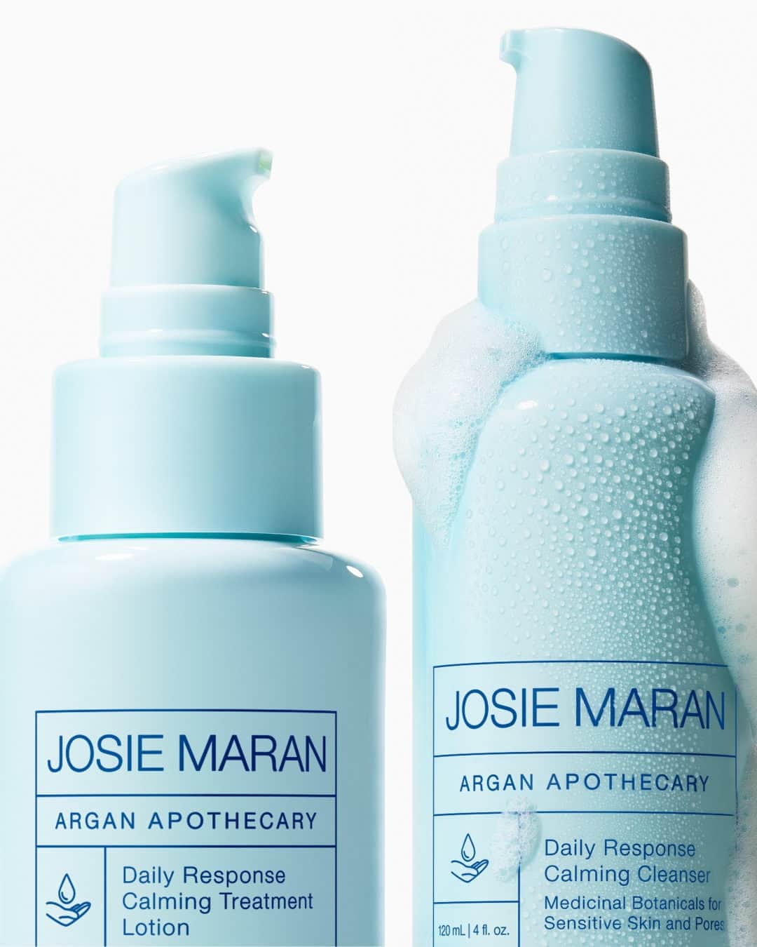 ジョジー・マランのインスタグラム：「Meet the newest members to Argan Apothecary! Introducing Apothecary Calming Cleanser and Calming Treatment Lotion, your next two-step duo to tackle blotchy, irritated, blemish-prone skin. 😌  These two deliver potent plant and mineral-based actives formulated for even the most sensitive complexions. With star ingredients like:  💙 Naturally derived salicylic acid for exfoliation, refined pores, fine lines, and wrinkles. ​   💙 Proven OTC active 3% Sulfur for reduced skin oiliness and the treatment of existing acne and future blemishes.  💙 Plant Power—Medicinal Botanicals for refining redness and texture.  💙 Argan Press Cake for hydrating antioxidant skin benefits and soothing.」