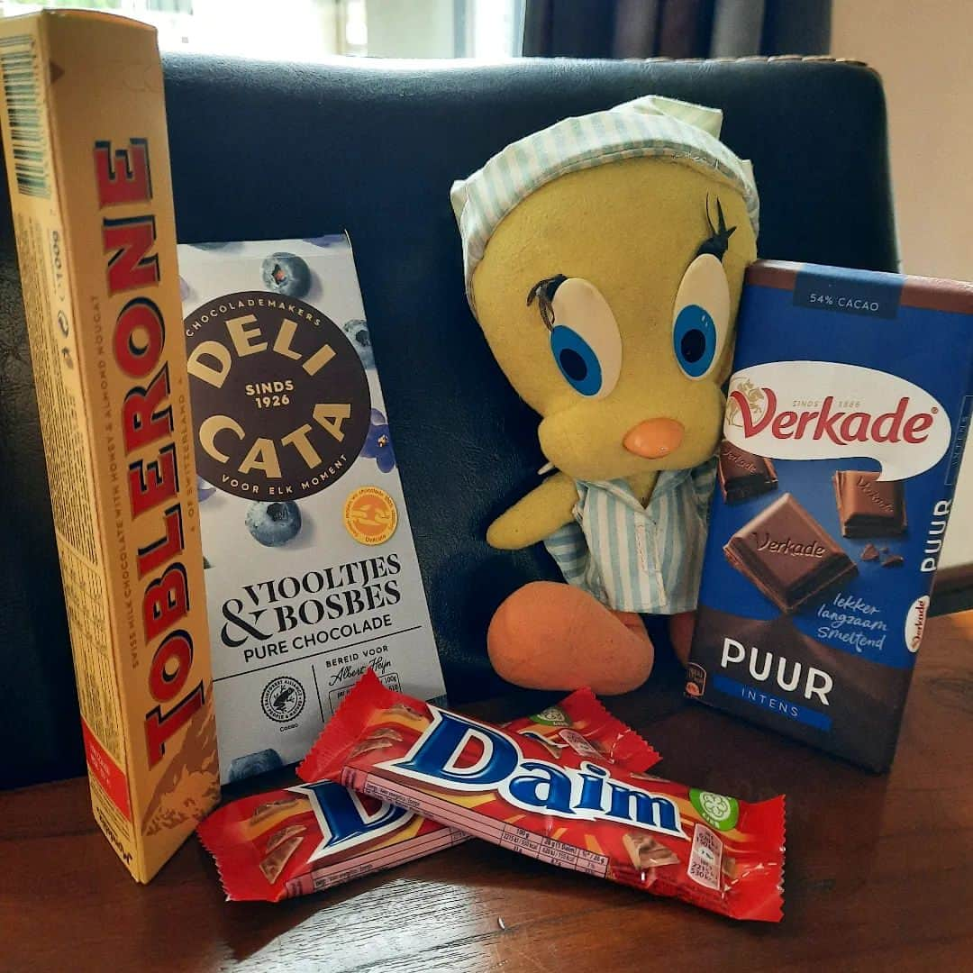 Little Yellow Birdさんのインスタグラム写真 - (Little Yellow BirdInstagram)「Thank heavens, I got a new stash of chocolate! It won't last very long, I'm afraid... #honeygroveteapartytuesday #littleyellowbird #tweety #tweetykweelapis #adventures #yellow #bird #tuesday #sweet #sweettreat #stash #chocolate #chocolade #daim #toblerone #stuffedanimalsofinstagram #plushiesofinstagram」9月12日 22時33分 - tweetykweelapis