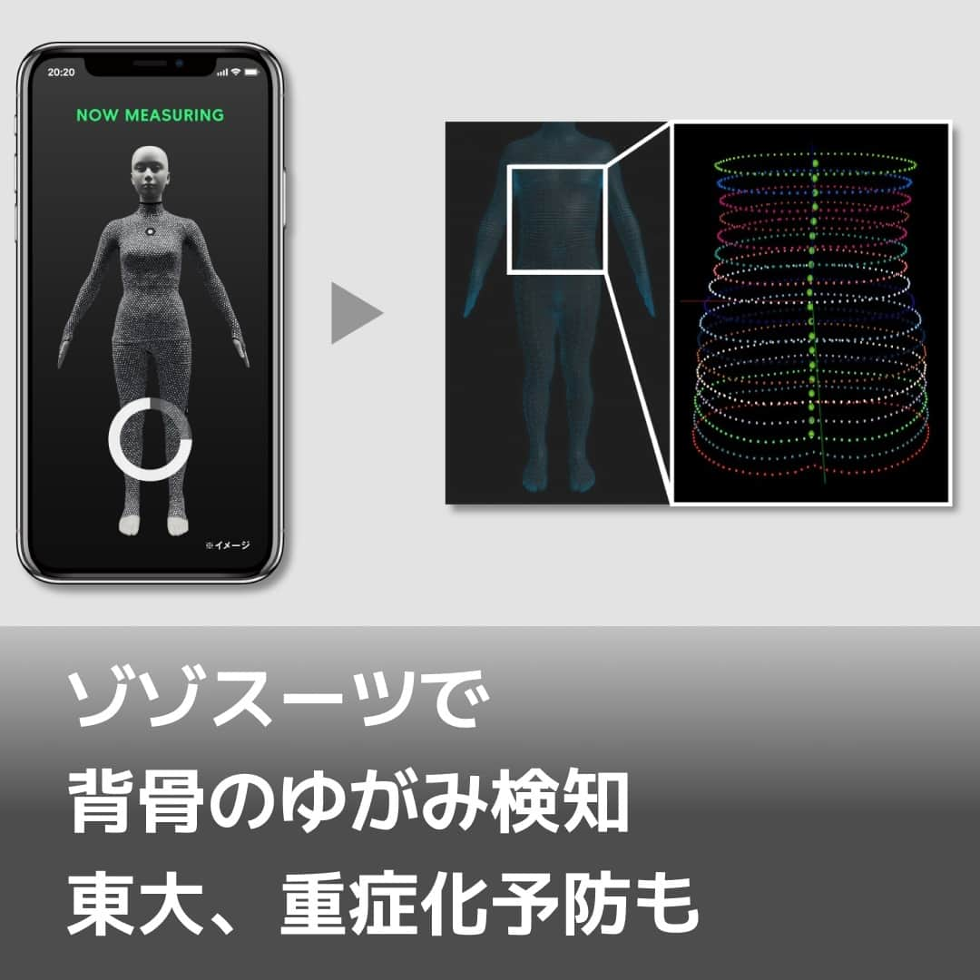 日本経済新聞社さんのインスタグラム写真 - (日本経済新聞社Instagram)「東京大学とZOZOの研究チームは全身採寸用ボディースーツ「ZOZOSUIT（ゾゾスーツ）」を用いて、背骨がねじれ曲がる病気「側彎（そくわん）症」の検知に成功しました。⁠ ⁠ スーツを着用した状態で写真を撮り、専用のアプリで作成した3D（3次元）モデルから胴体のゆがみを判定します。技術を応用すれば、重症化を予防できる可能性があります。（写真は東大とZOZO提供）⁠ ⁠ 詳細はプロフィールの linkin.bio/nikkei をタップ。⁠ 投稿一覧からコンテンツをご覧になれます。⁠→⁠@nikkei⁠ ⁠ #日経電子版 #東京大学 #東大 #ZOZO #ZOZOSUIT #ゾゾスーツ #側彎症 #そくわん症」9月12日 17時30分 - nikkei