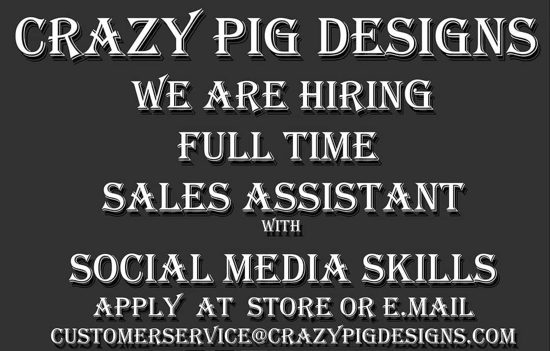 クレイジーピッグのインスタグラム：「Want to work with us? Crazy Pig Designs are looking for a new sales member of staff! 🔥 Please send your CV to our customer service email and/or visit us in store to drop it off and say hello.  • Must have a background in sales and an understanding of social media.  DM us with any questions!  • • • • • #crazypigdesigns #london #silverring #925silver #silverjewellery #handmade #rockandroll #heavymetal #gothic #skulls #skullfashion #gemstone #coventgarden #londonjobs」