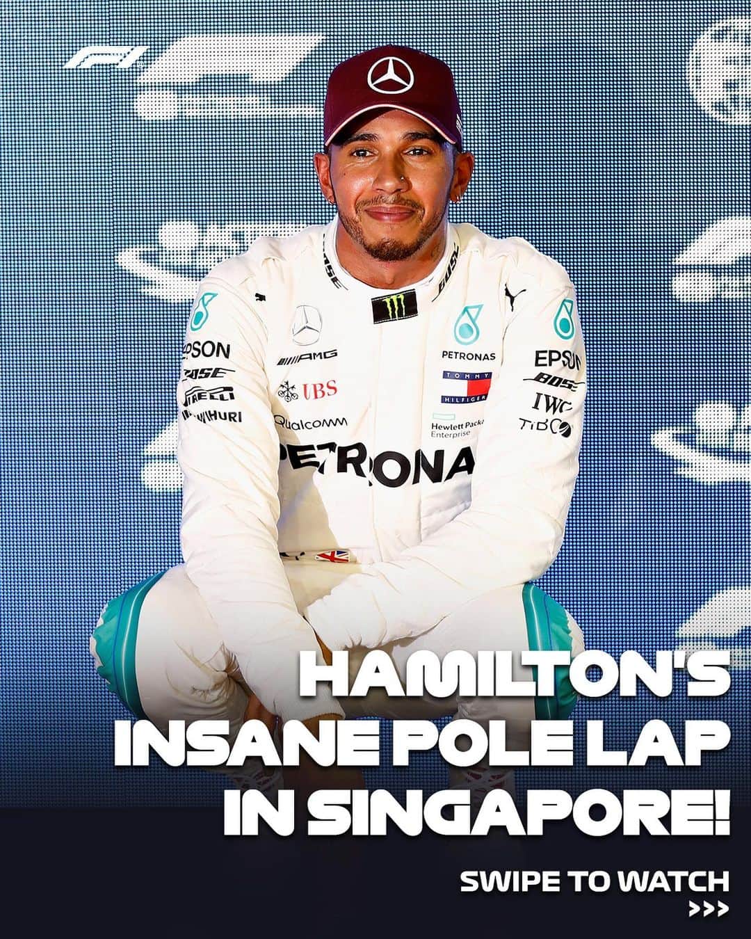 F1のインスタグラム：「One of the most mesmerising pole laps of all-time, courtesy of @lewishamilton 🤩   Swipe 👈 to ride onboard with the @mercedesamgf1 driver at the 2018 Singapore Grand Prix! ✨  #F1 #Formula1 #SingaporeGP #LewisHamilton #Mercedes」
