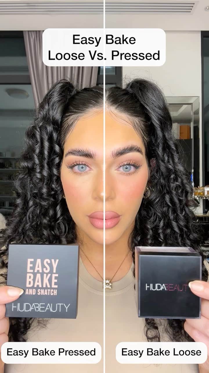 Huda Kattanのインスタグラム：「Which side do you prefer? OG Easy Bake Loose Setting Powder or New Pressed Easy Bake & Snatch? What’s the difference between the OG Easy Bake Loose Setting Powder & our NEW pressed Easy Bake And Snatch formula? It’s simple: Our original loose powder is for traditional baking & to set the entire face. Our new pressed powder is best for targeted, instant brightening. Our pressed formula also has a STUNNING luminosity to it for all-over setting – gorg for that cloud skin look (soft-luminous skin)!  Our NEW Easy Bake And Snatch is: ✔️ 8 brightening shades (including our viral 🌸Cherry Blossom shade!) ✔️ Talc & fragrance-free ✔️ Medium to full coverage ✔️ Sweat & humidity-resistant ✔️ Infused with hyaluronic acid for a creamy, non-drying, incredibly soft, silky texture  Our gorgeous model @wordswithdana uses shade Banana bread in our Easy Bake loose & pressed powder✨   🌍 AVAILABLE GLOBALLY 09.19 🌎 #EasyBakeAndSnatch #hudabeautyeasybake」