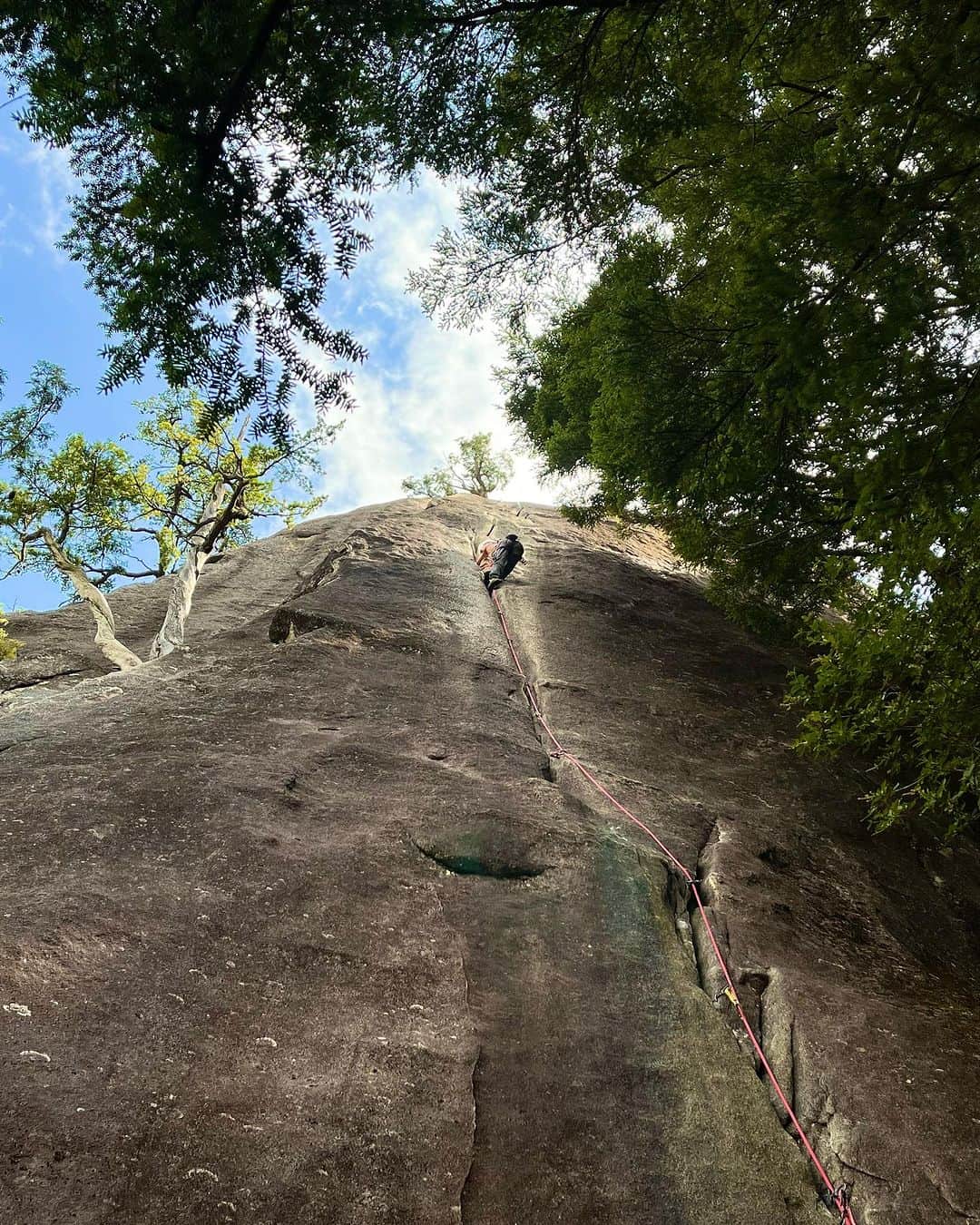 義村萌のインスタグラム：「2023.08.19  小川山　カサブランカ  初めてみた時はいつかこれが登れるのかな…って思ってたカサブランカ。 なんかまともにクラックでリードしたなって気がしました。 オンサイトはできたけど、ずっと力入ってた。 下から笑われてる気がする…！って思ったらビビりすぎて下1/3でカムを1セット使い果たしてた。 次に登るときはもうちょっと上手く配分してきめられるといいな〜  2枚目はお気に入り写真。この3人めちゃめちゃ写真映えする。  僕らの夏休み最終日は朝の晴天が嘘のように午前中で雷雨に襲われ終了。 今年も素敵な夏休みでした。また来年もやりたいな〜！  📸 @climberhey317  🤍 @jyarashi_koubou   #climbing  #小川山」