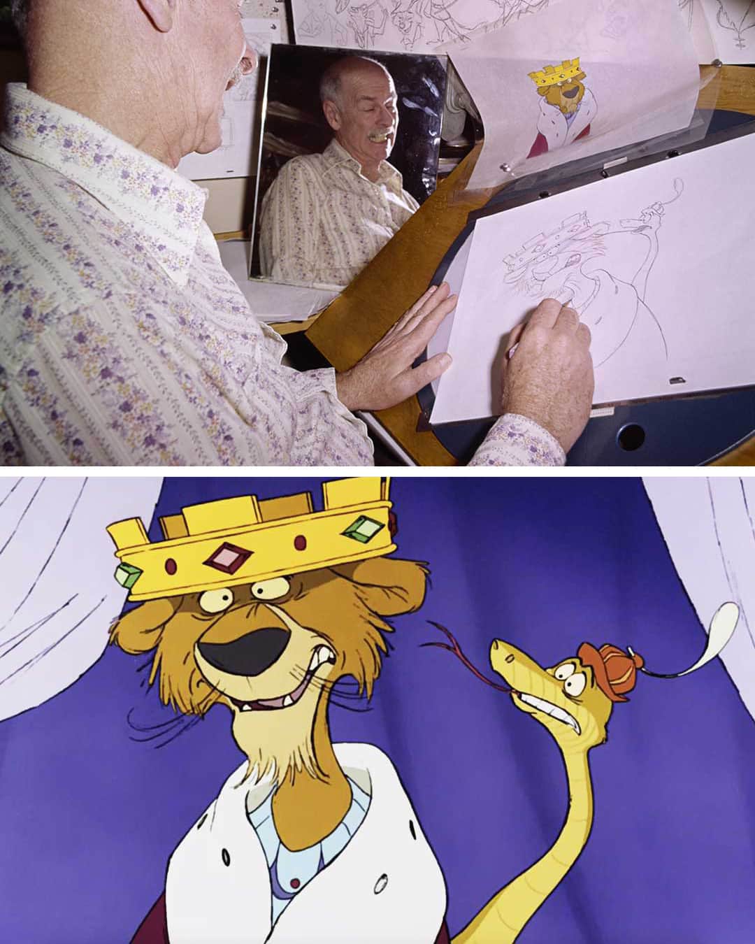 Disneyのインスタグラム：「Can you name these two characters being drawn by legendary Walt @DisneyAnimation Studios artist Ollie Johnston for the animated classic Robin Hood? #Disney100 (📸: @WaltDisneyArchives)」