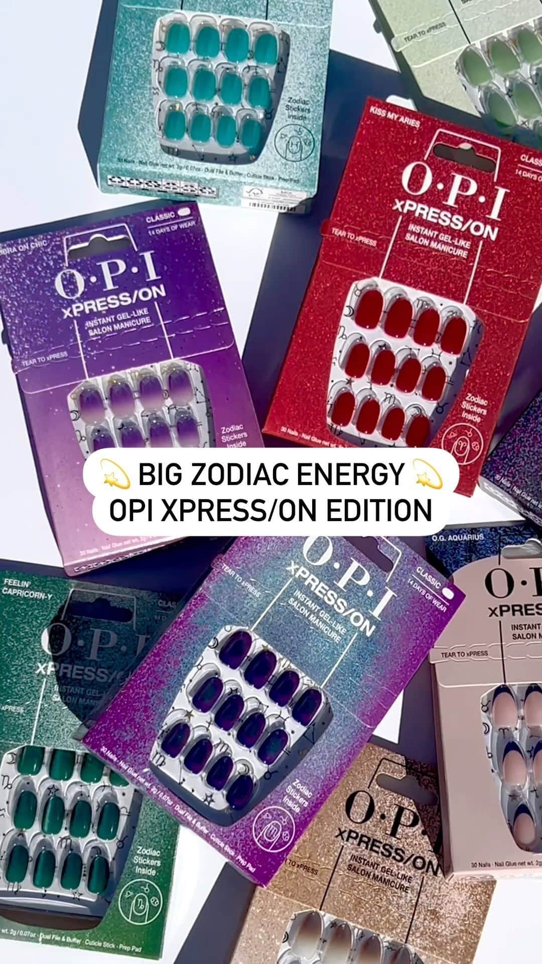OPIのインスタグラム：「Introducing the new OPI xPRESS/ON Big Zodiac Energy collection! 💅🔮 Nail your horoscope in custom press on designs for allll signs, then dial it up with zodiac nail art stickers that are off the charts. 📈💫  Shop now at @ultabeauty 🛍  #OPI #OPIObsessed #OPIBigZodiacEnergy」